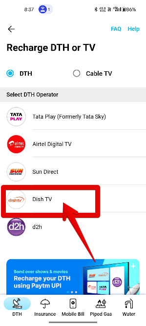 Screenshot of paytm dth recharge select option